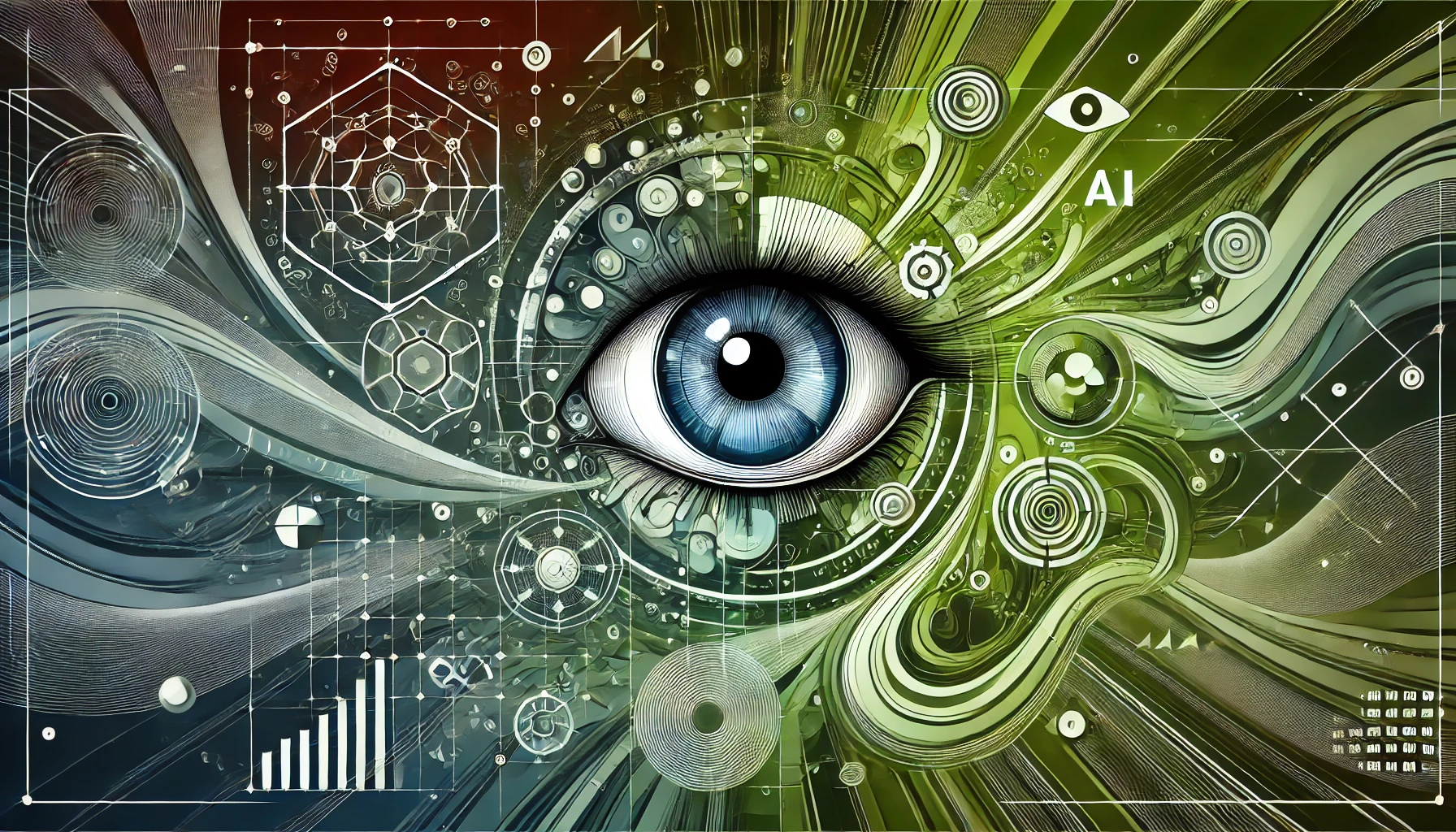 An abstract illustration representing the impact of AI on web accessibility, featuring an eyeball at the center. The image uses various shades of green, with a combination of swirling colors and geometric shapes. Abstract representations of AI elements such as neural networks and digital interfaces are included, along with subtle icons or symbols of accessibility like stylized screen readers, Braille, and voice commands blending into the design. The overall tone is futuristic and dynamic, symbolizing growth and innovation in the field of accessibility.